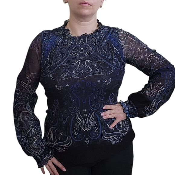 FUZZY Long Sleeve Top Size L Blue Black Paisley Mock Neckline Sheer Mesh Goth